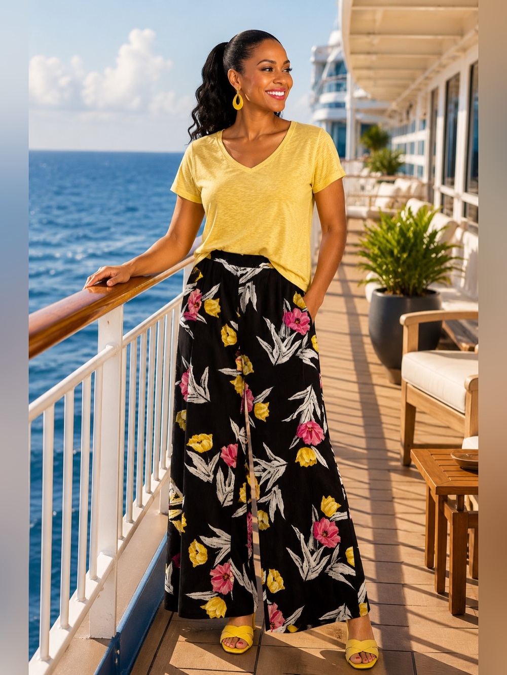 Isaac Mizrahi Black Floral Wide-Leg Pants with Side Zipper